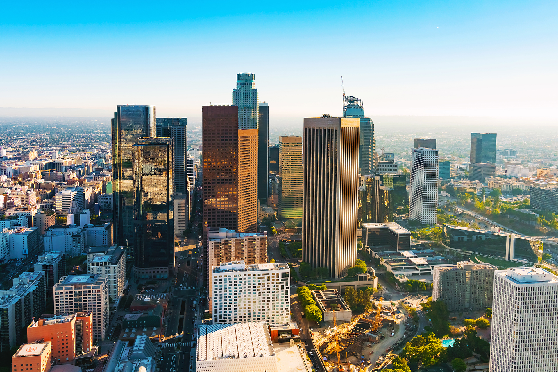 Aerial View Of A Downtown LA At Sunset